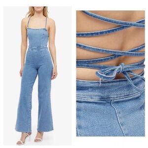 Good American Vacay Blue Denim Sleeveless Tie Back Flare Leg Jumpsuit Sz 0